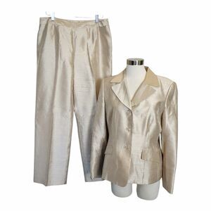 Le Suit Gold Wheat Champagne Jacket/Pant Suit 2 Piece Size 12 Shimmer Wedding